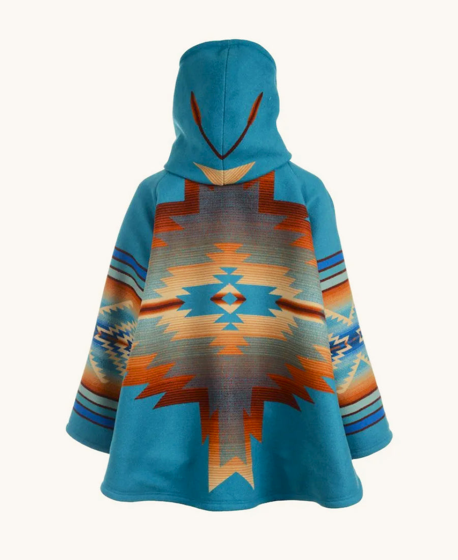 Beth Dutton Iconic Blue Coat Yellowstone hooded poncho with geometric pattern on a white background