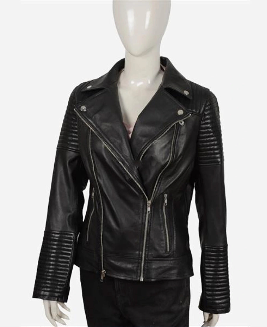 Black leather jacket on a mannequin against a white background