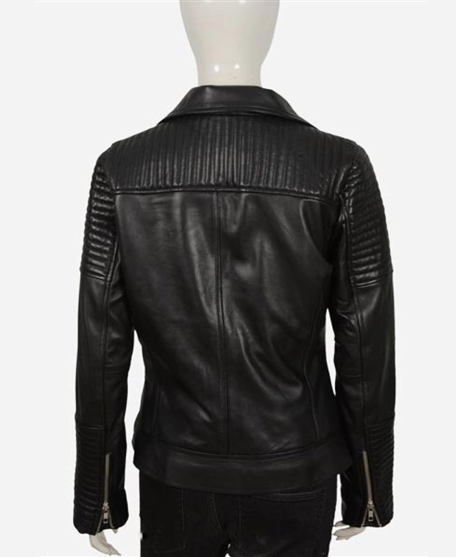 Black leather jacket on a mannequin against a white background