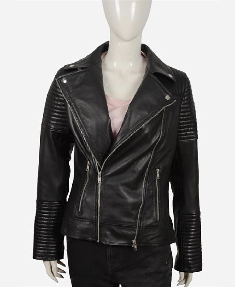 Black leather jacket on a mannequin against a white background