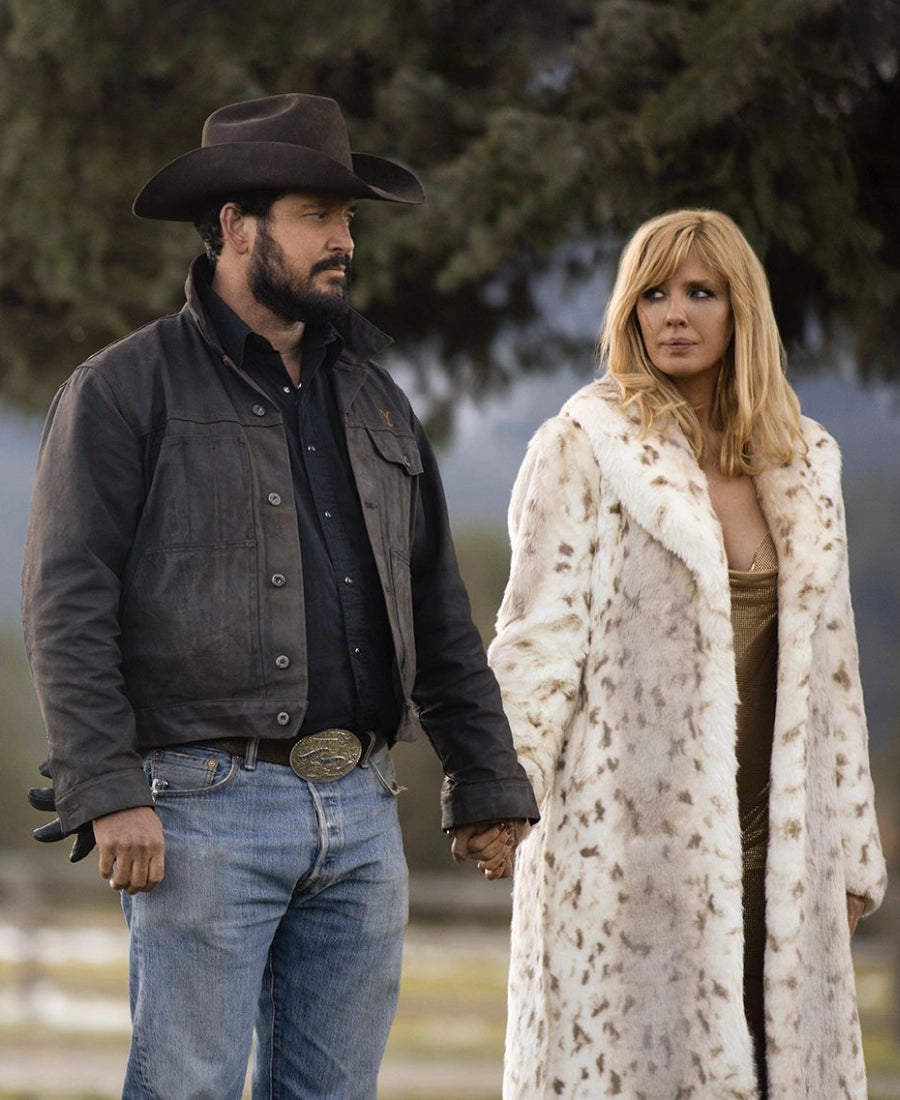 Beth And Rip In Yellowstone TV Show Beth Wear a Cheetah Print and Rip Wear a Black Cotton Jacket With Hat