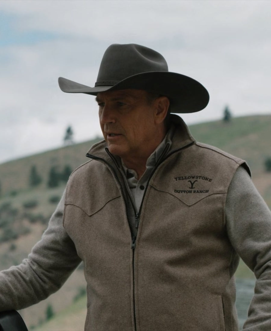Yellowstone John Dutton wearing a cowboy hat and Yellowstone Sutton Ranch Sleeveless vest 