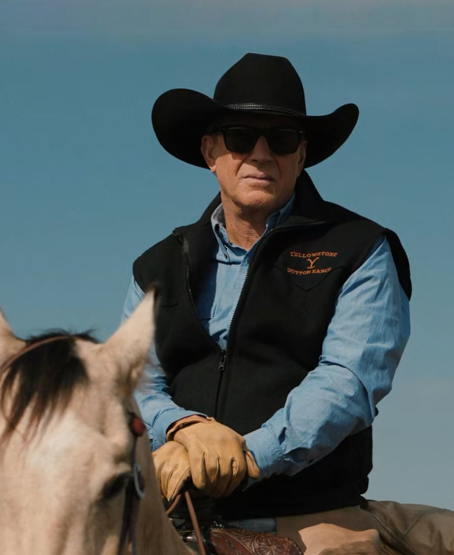 John cowboy hat and sunglasses sitting on a horse Yellowstone Signature black vest