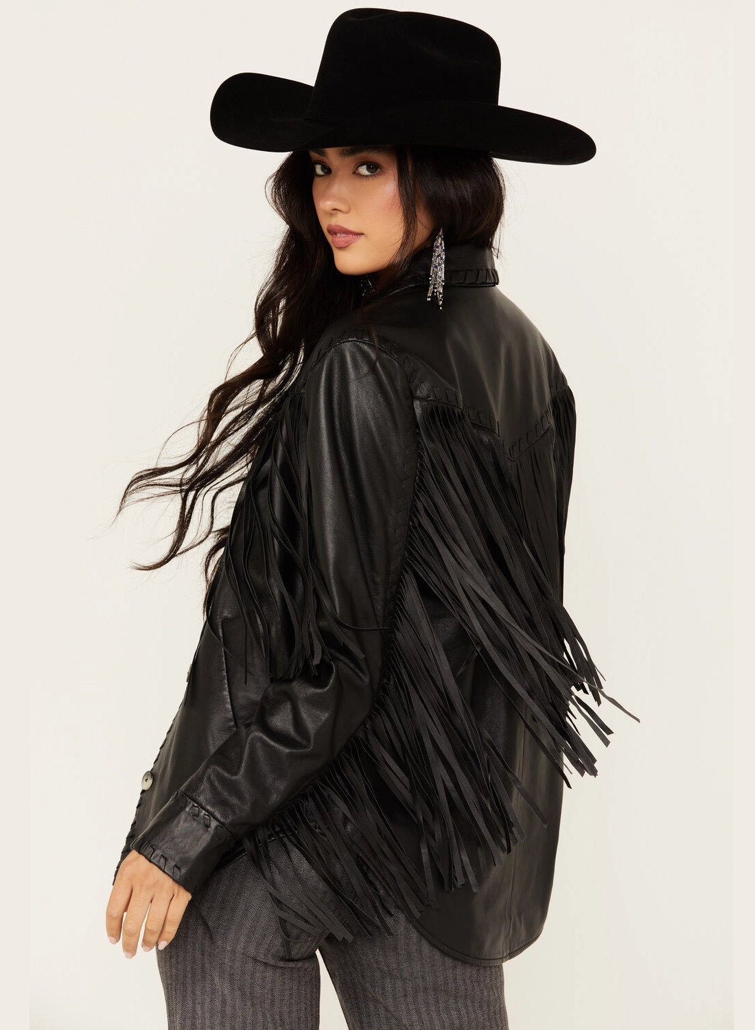 Midnight Rider Fringe Leather Shacket – Black Western Edge