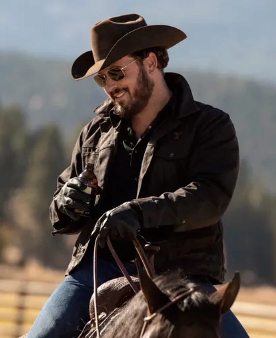 Rip Wheeler wear a cowboy hat and sunglasses or cotton black jacket riding a horse, holding a bottle.