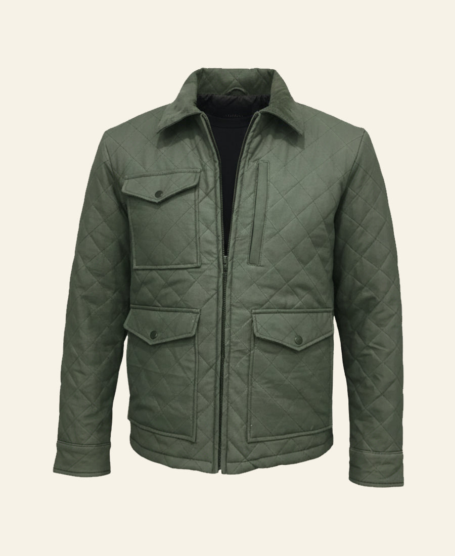 Green quilted jacket on a beige background front image 