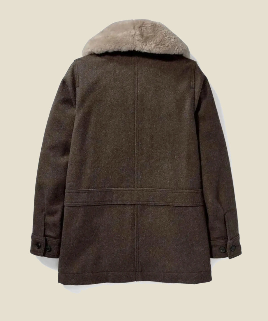 Yellowstone Beth Dutton Brown Wool Coat with fur collar on a beige background