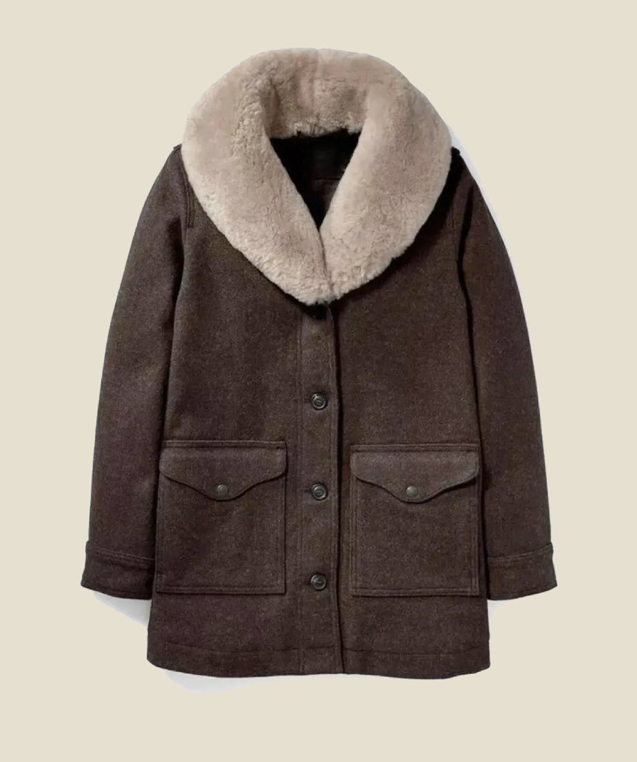 BEth Dutton Brown wool coat with a fur collar on a beige background
