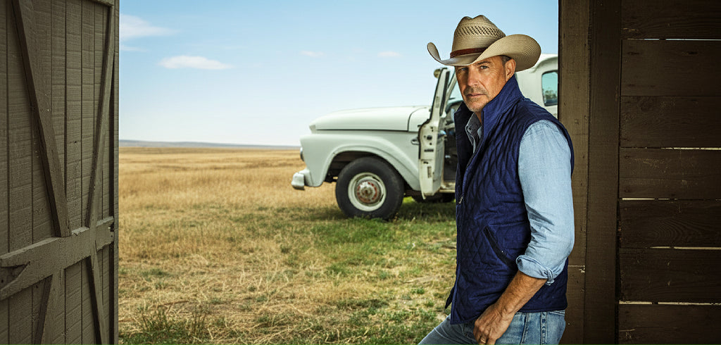 Yellowstone John Dutton Navy Quilted Vest and cowboy hat Kevin Costner Signature Style