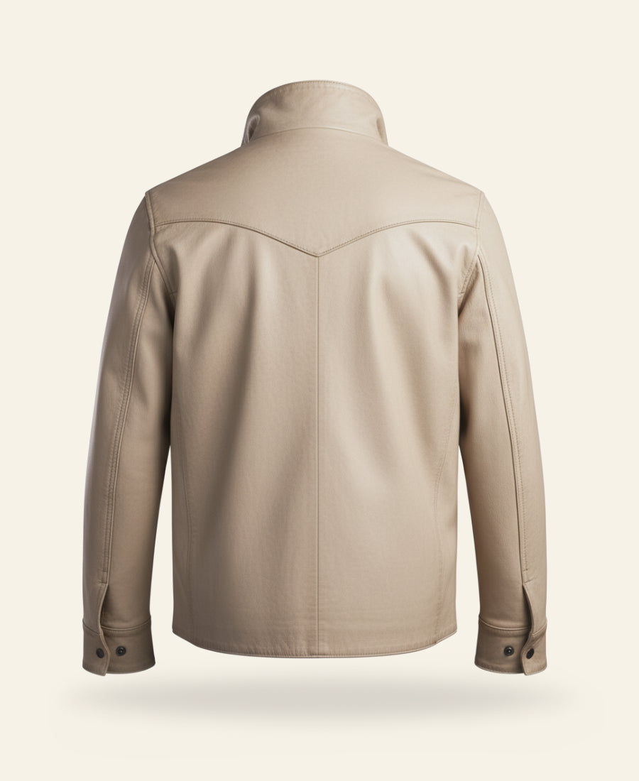 John Dutton White leather jacket on a light beige background