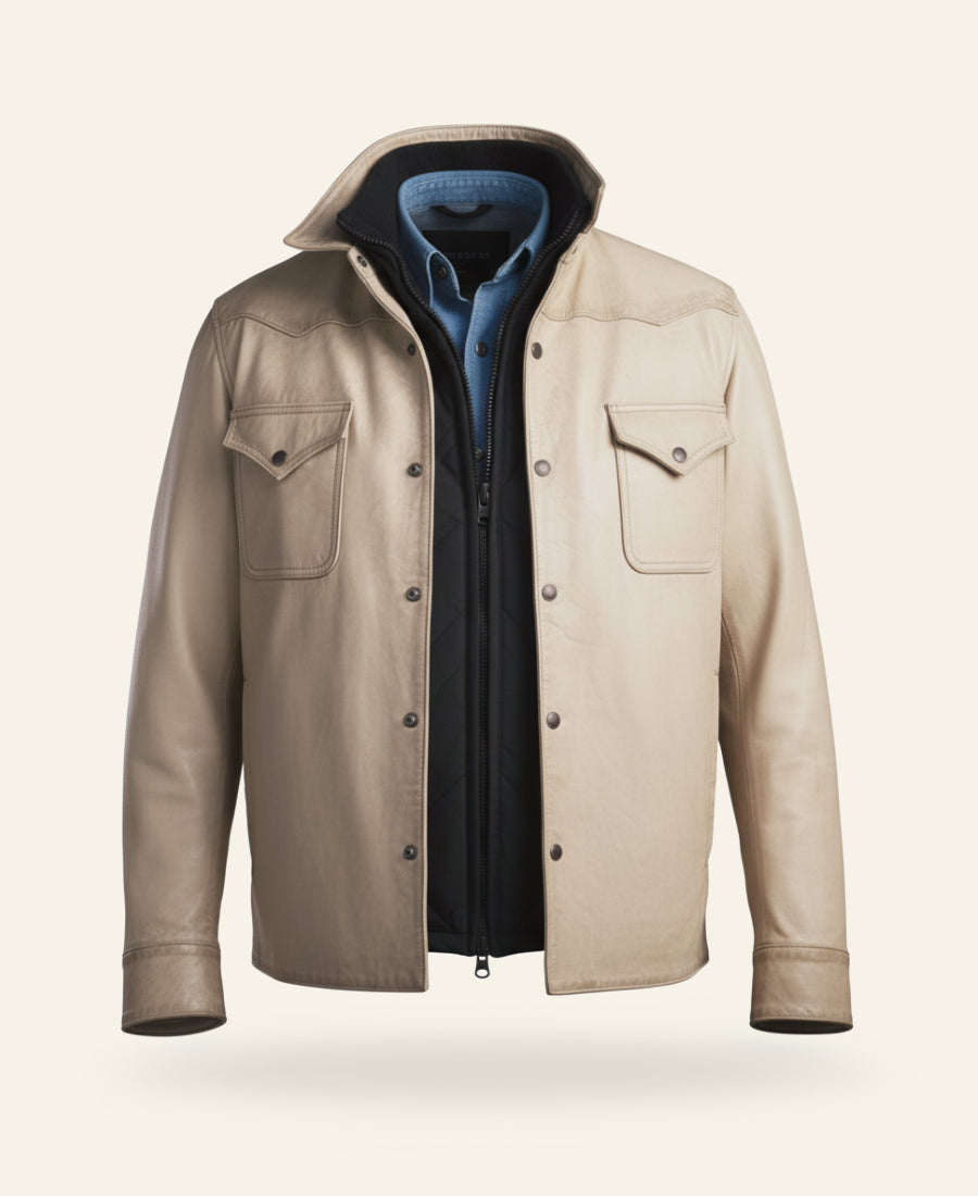 Yellowstone John Dutton white jacket with a blue interior on a light beige background