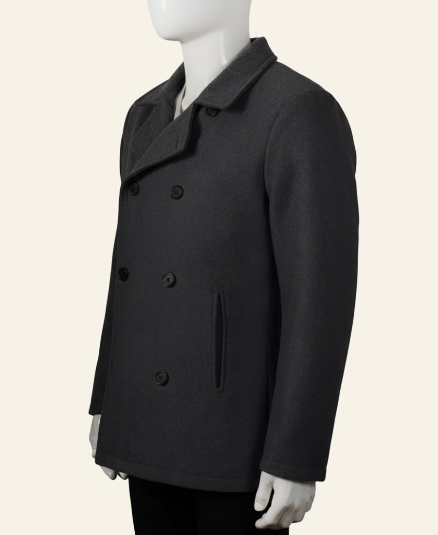 Yellowstone Walker Wool Black pea coat on a mannequin against a plain background