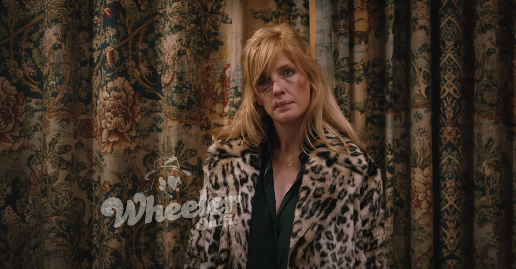 Woman in a cheetah print coat  with 'beth dutton' branding.