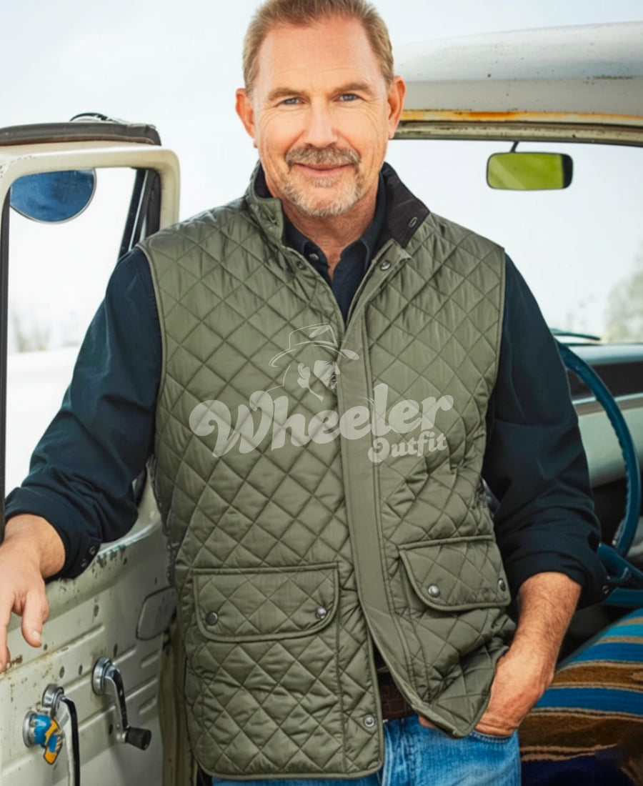 Man wearing a green quilted vest with 'john' branding, standing next to a vehicle.
