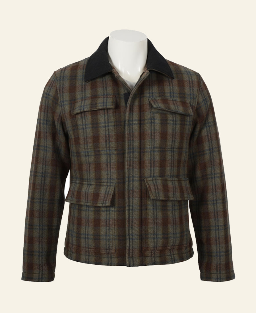 Plaid jacket on a mannequin Yellowstone font image