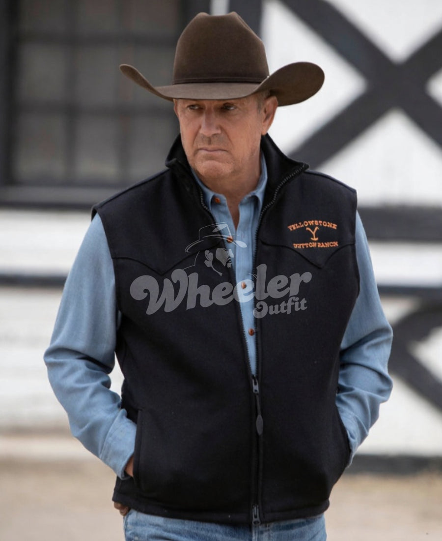 john dutton signature black cotton vest  branding and a cowboy hat.