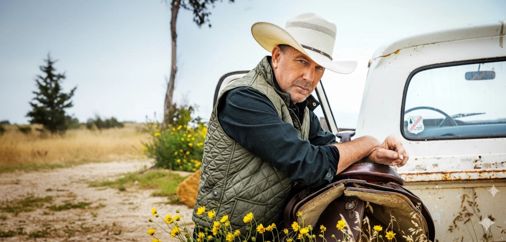 John Dutton wear vest with cowboy hat  next to an old truck in a rural setting.
