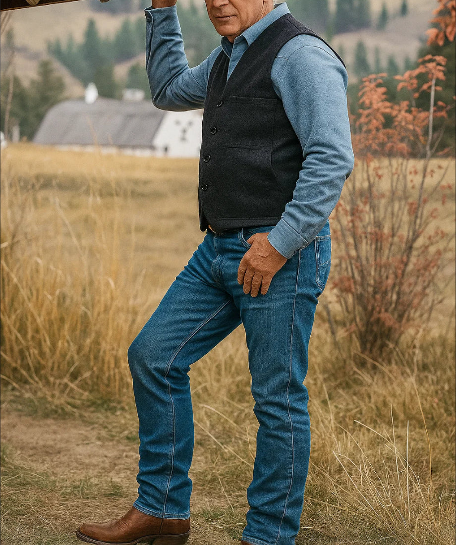 Man standing in a field wearing a blue shirt, black vest, and jeans john dutton gery wool vest