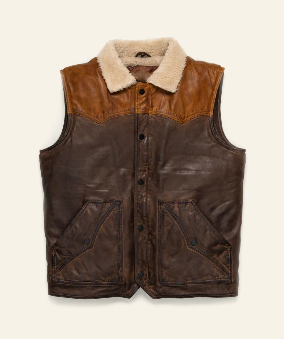 Brown leather vest with beige fur collar Western cowboy two tone full grain