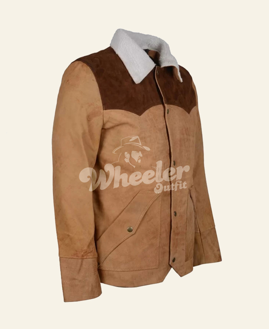 yellowstone john dutton raw leather jacket Brown jacket with white collar.