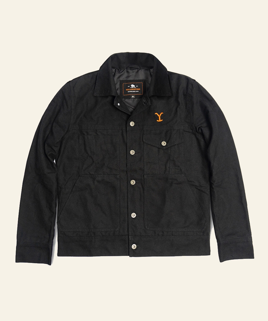 Yellowstone Rip Wheeler Black jacket with a logo Yellowstone on a beige background