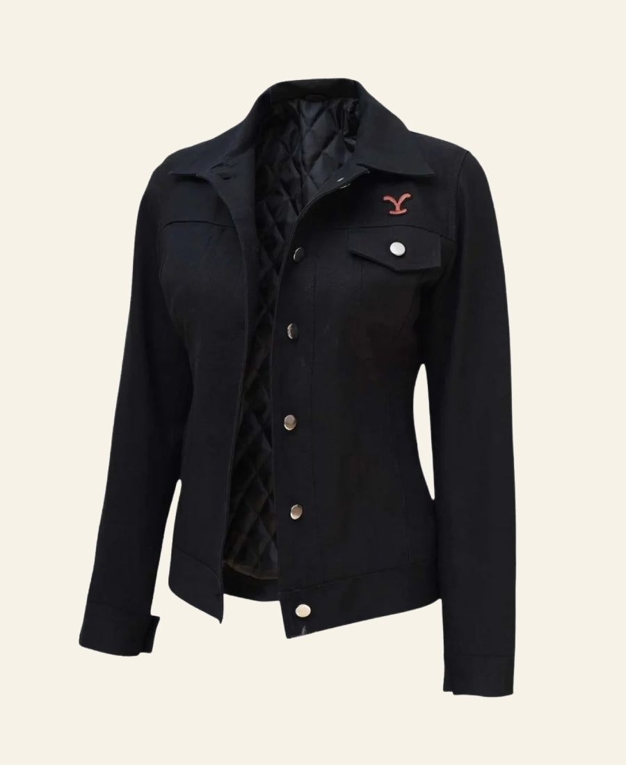 Rip Wheeler Black jacket For Women with a Yellowstone Logo in Chest on a beige background Side View