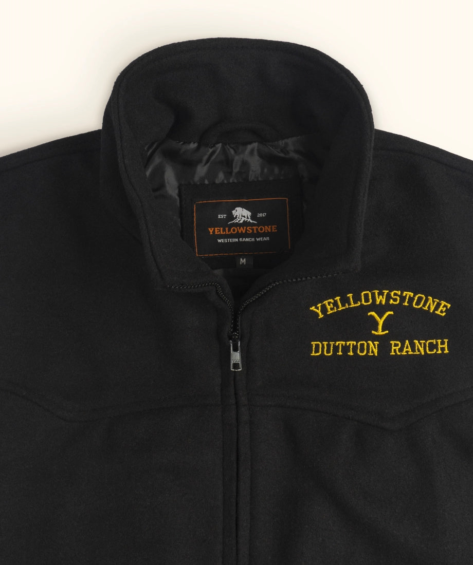 Black jacket with Yellowstone Dutton Ranch logo on a white background