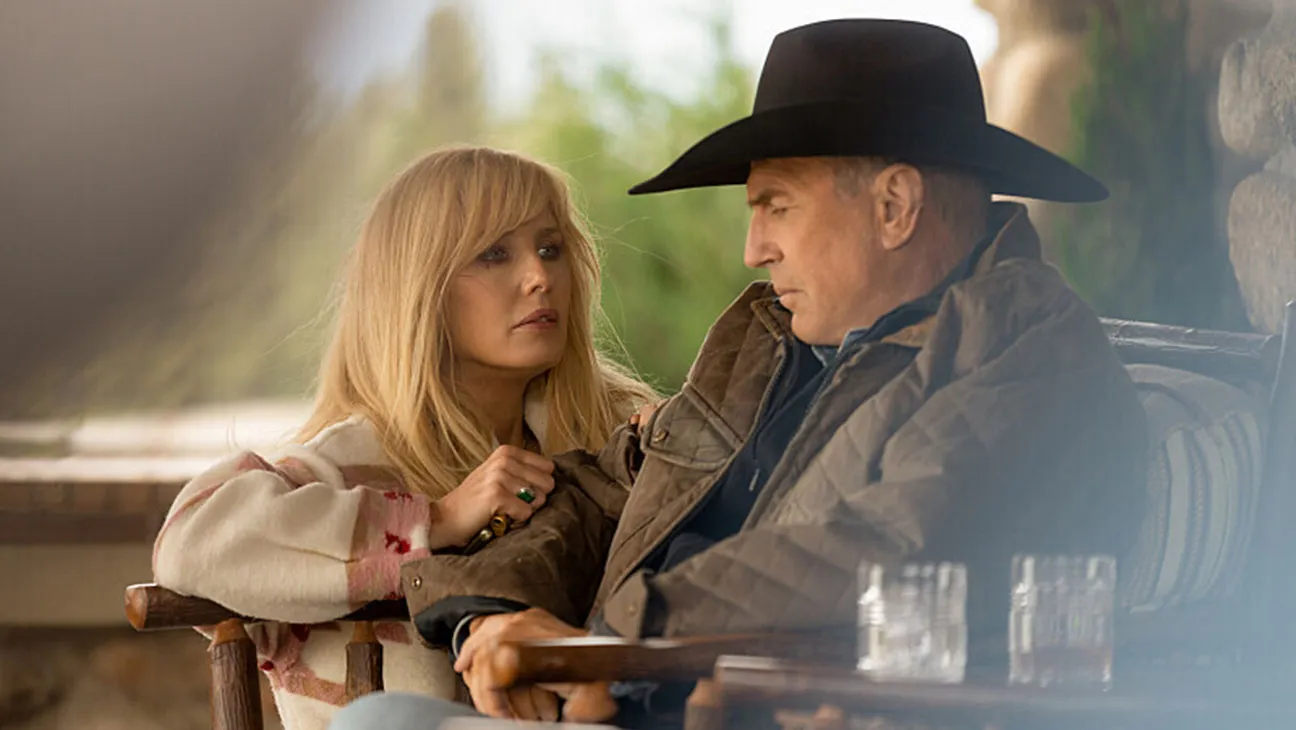 beth dutton and john beth wear a wool long pink coat and john wear a jacket and hat
