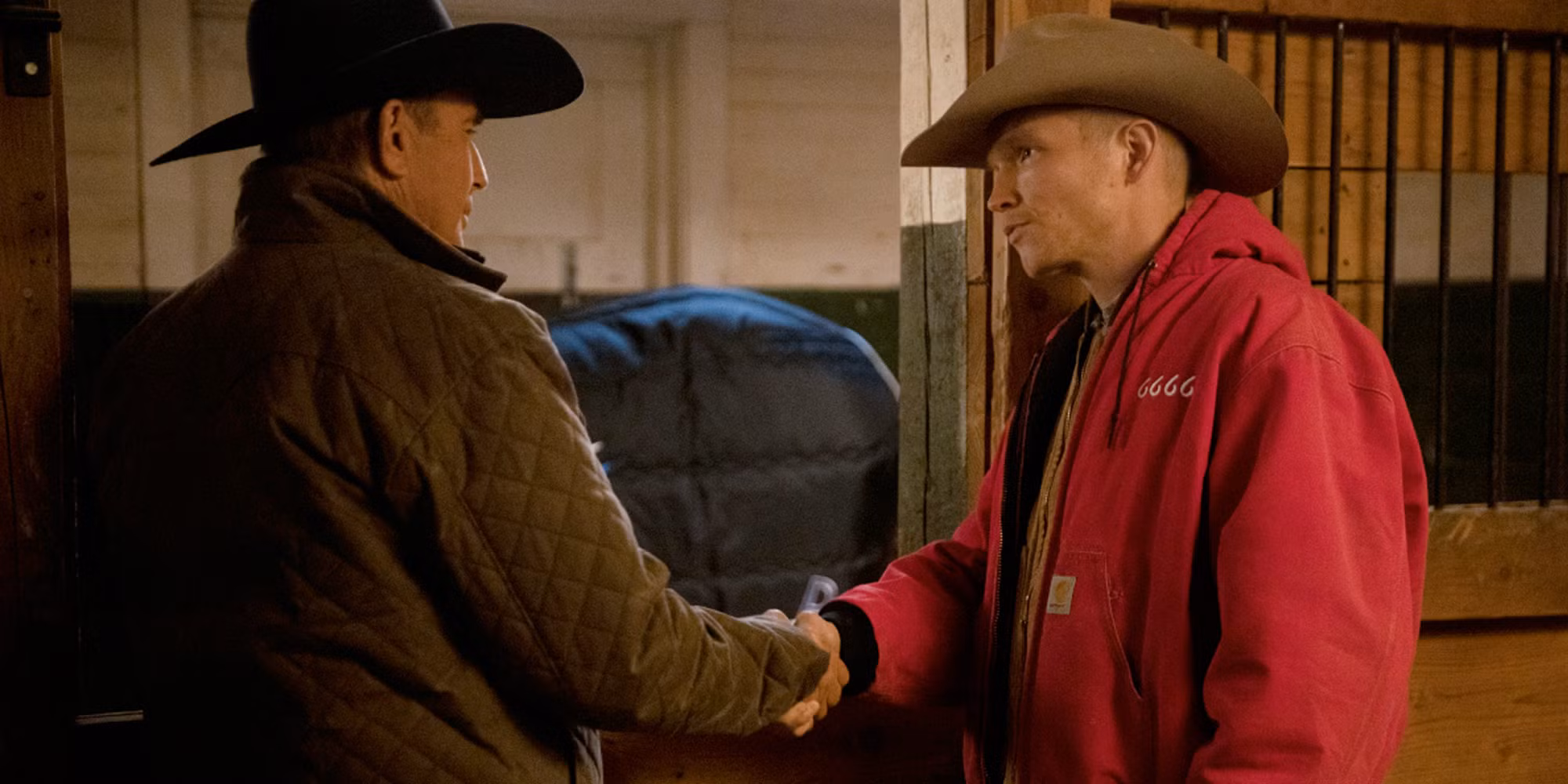 Jimmy Dutton and John Dutton Yellowstone Season 4 Jimmy wear Red Hoodie and john Wear a Brown Jacket With hat