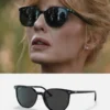 Yellowstone Beth Dutton wearing black sunglasses with a blurred background, followed by a clear image of the same sunglasses on a white background.
