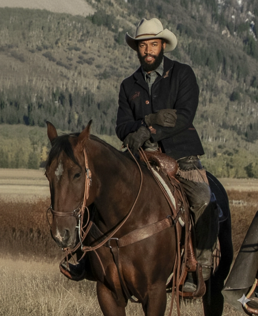 Yellowstone Colby wearing a cowboy hat and jacket riding a hors