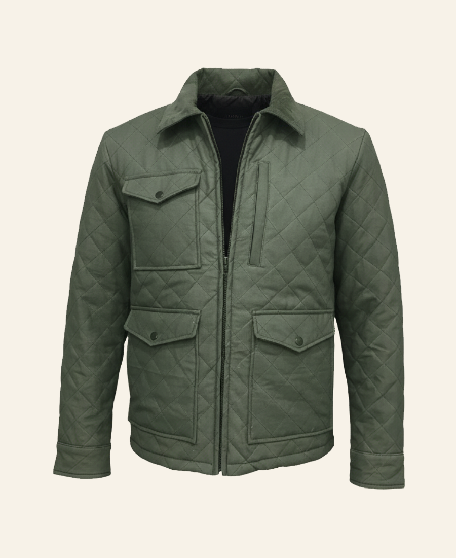 Green quilted jacket on a beige background front image