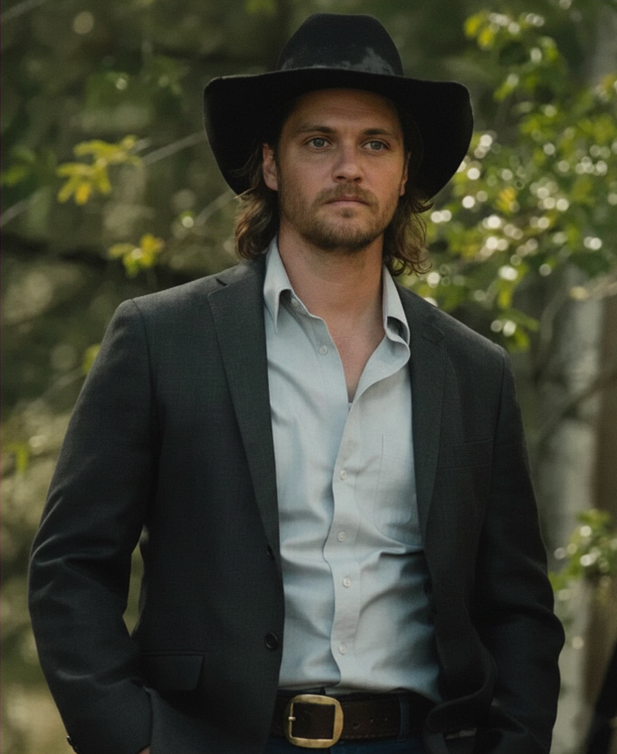 Kayce Dutton wearing a black hat and dark suit with a light shirt, standing outdoors with greenery in the background.
