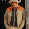 John Dutton wear a Two-tone western jacket with orange upper half and beige lower half cotton jacket Handsome look.