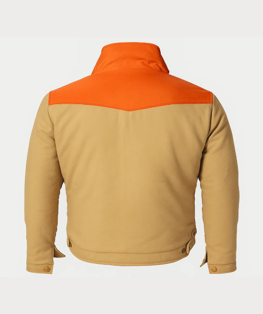 Two-tone jacket with orange upper half and beige lower half john dutton cotton jacket back side image