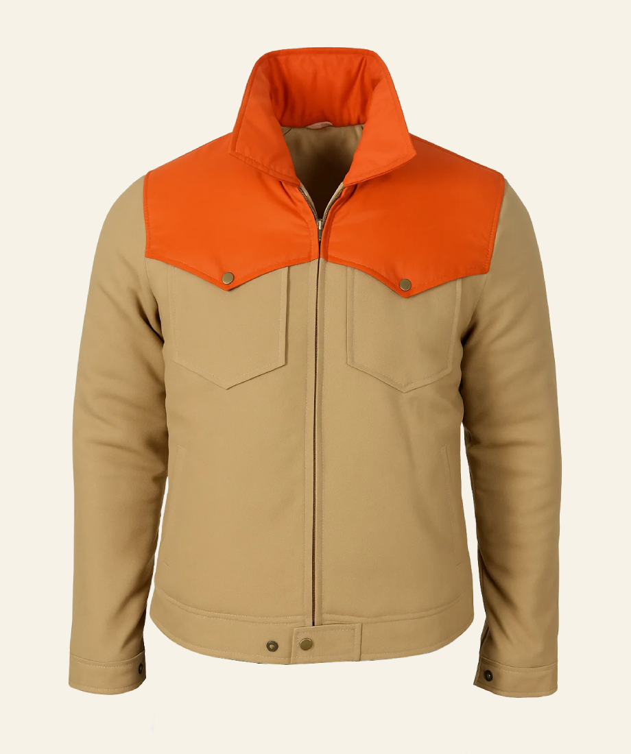 Two-tone jacket with orange upper half and beige lower half john dutton cotton jacket front full image