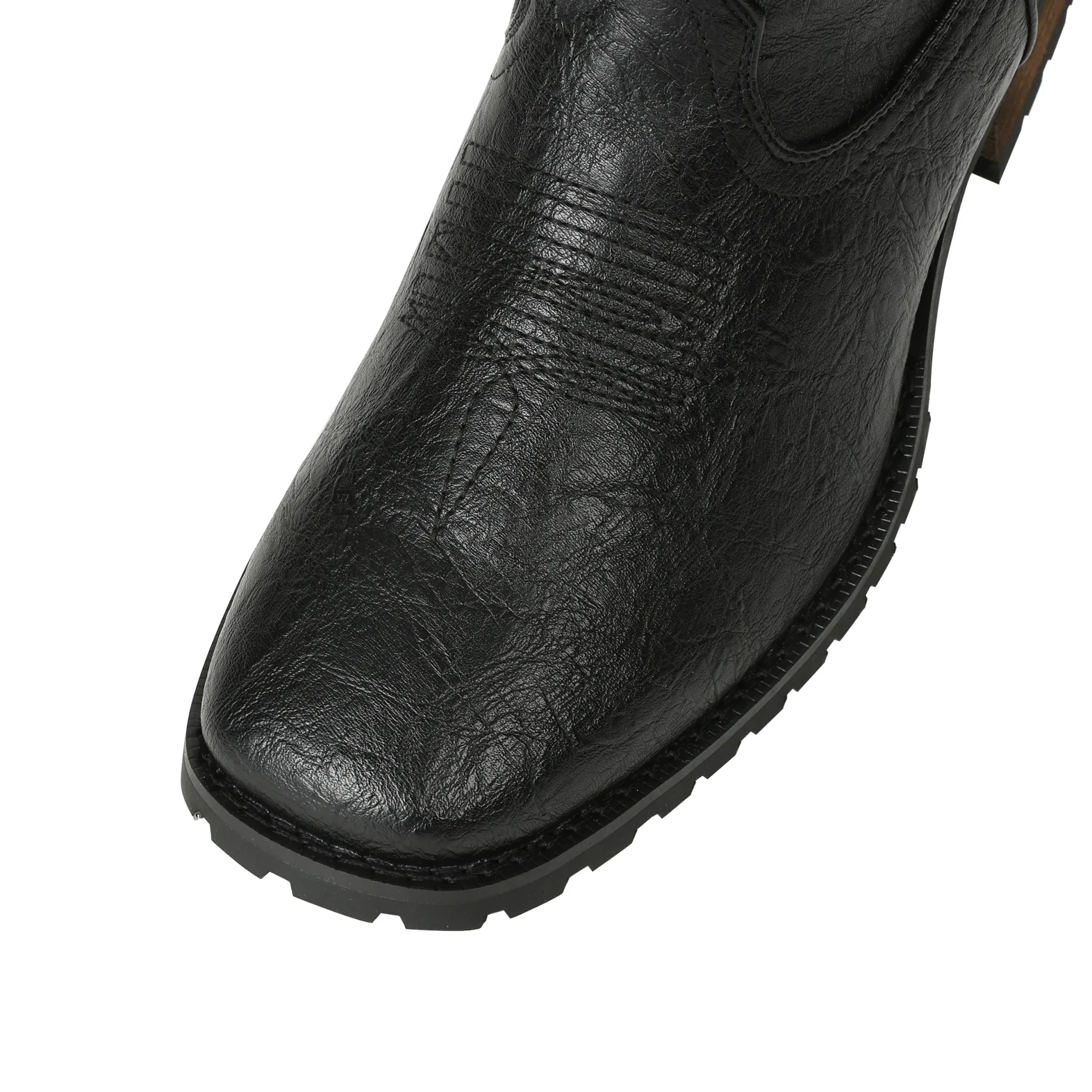 Black leather boot with a textured sole on a white background