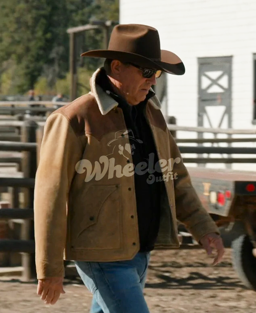 Yellowstone John Dutton wearing a brown Raw leather jacket with sunglasses, and a cowboy hat in an outdoor setting.