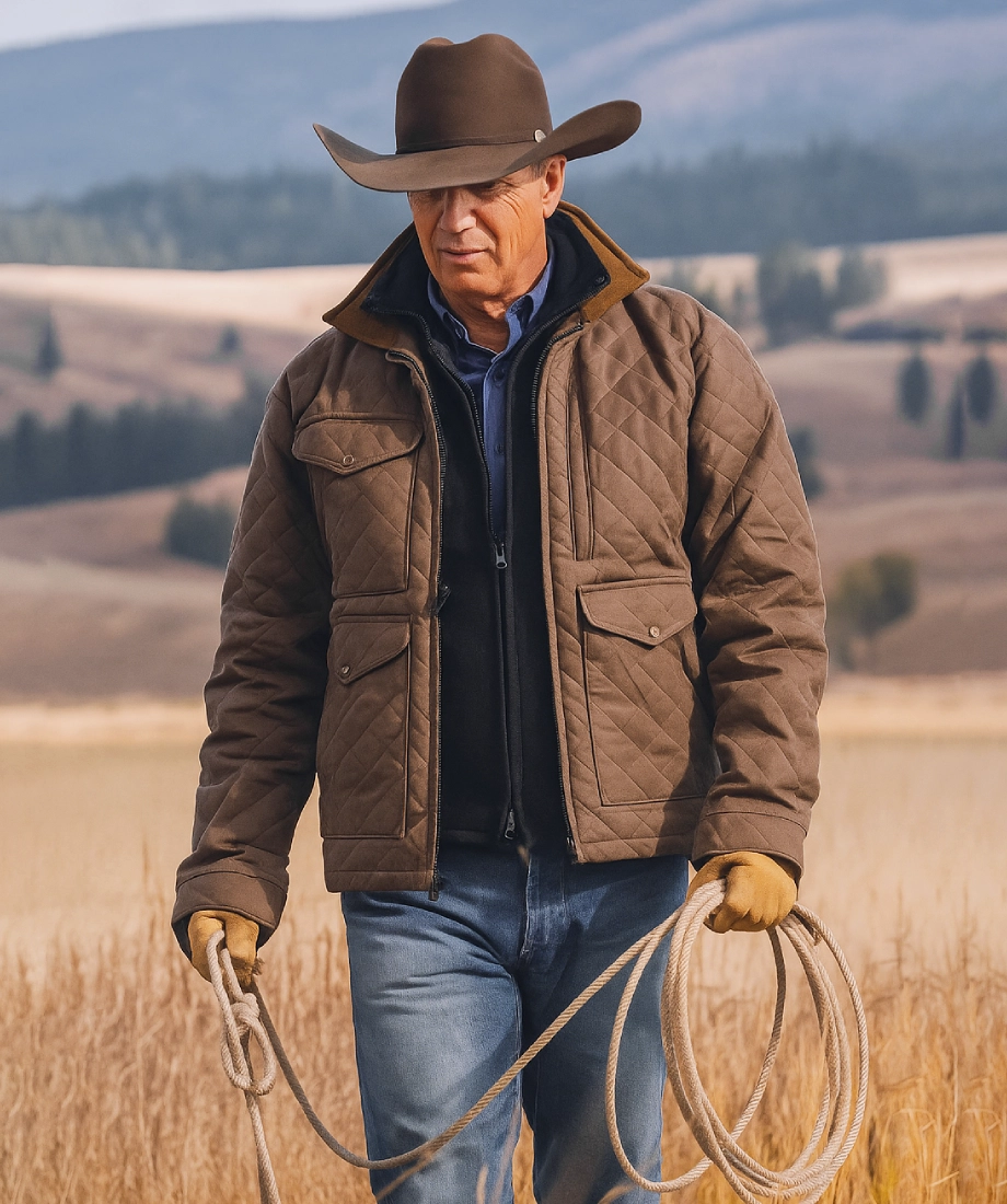 yellowstone john dutton in a brown quilted jacket and cowboy hat holding a rope in a scenic yellowstone