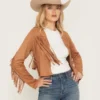 Aria Rust Womens Suede Cropped Fringe Jacket