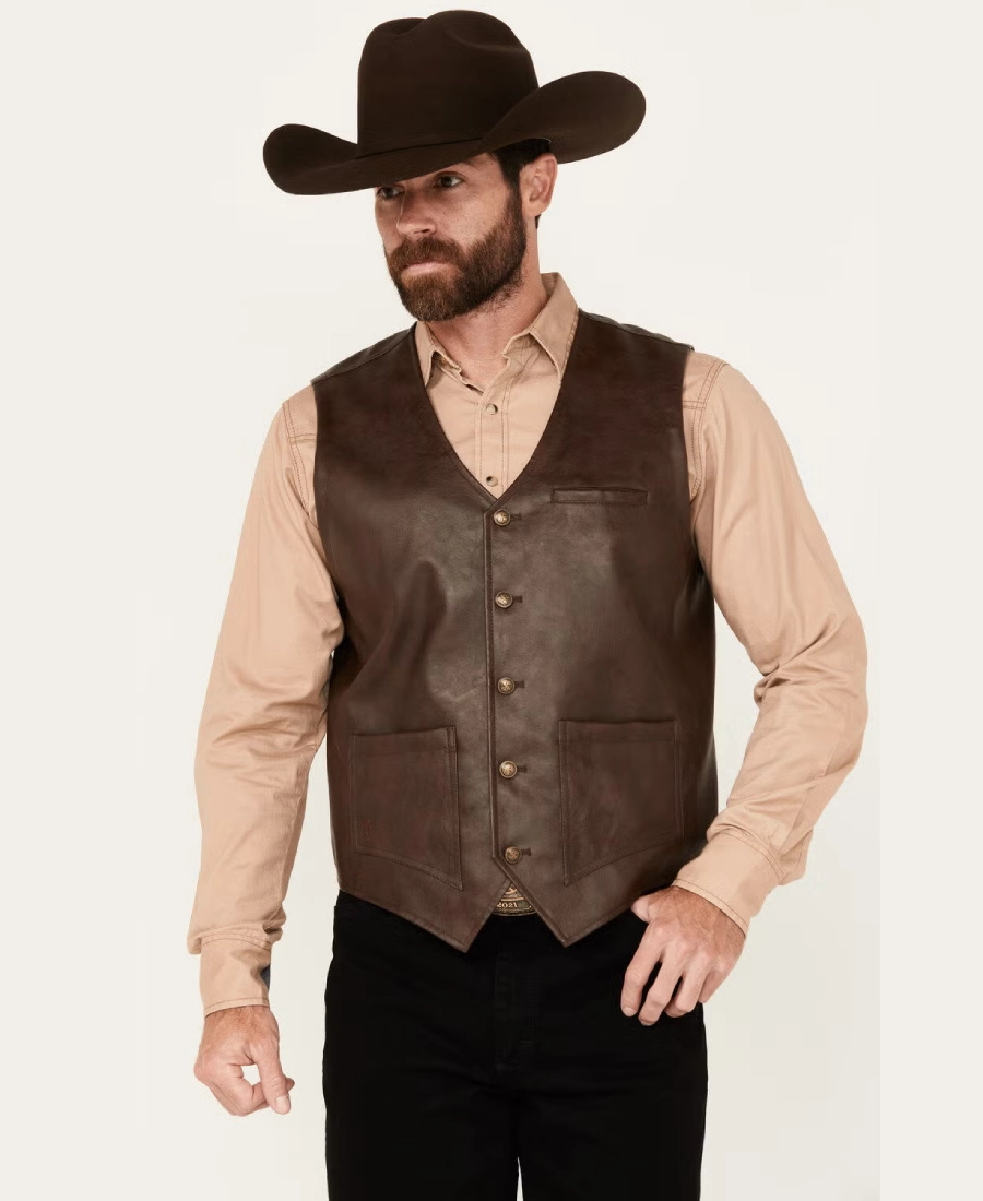 Bedrock Men's Brown Button-Down Leather Vest - Rip Wheeler Outfit Bedrock Men's Brown Button-Down Leather Vest - Rip Wheeler Outfit