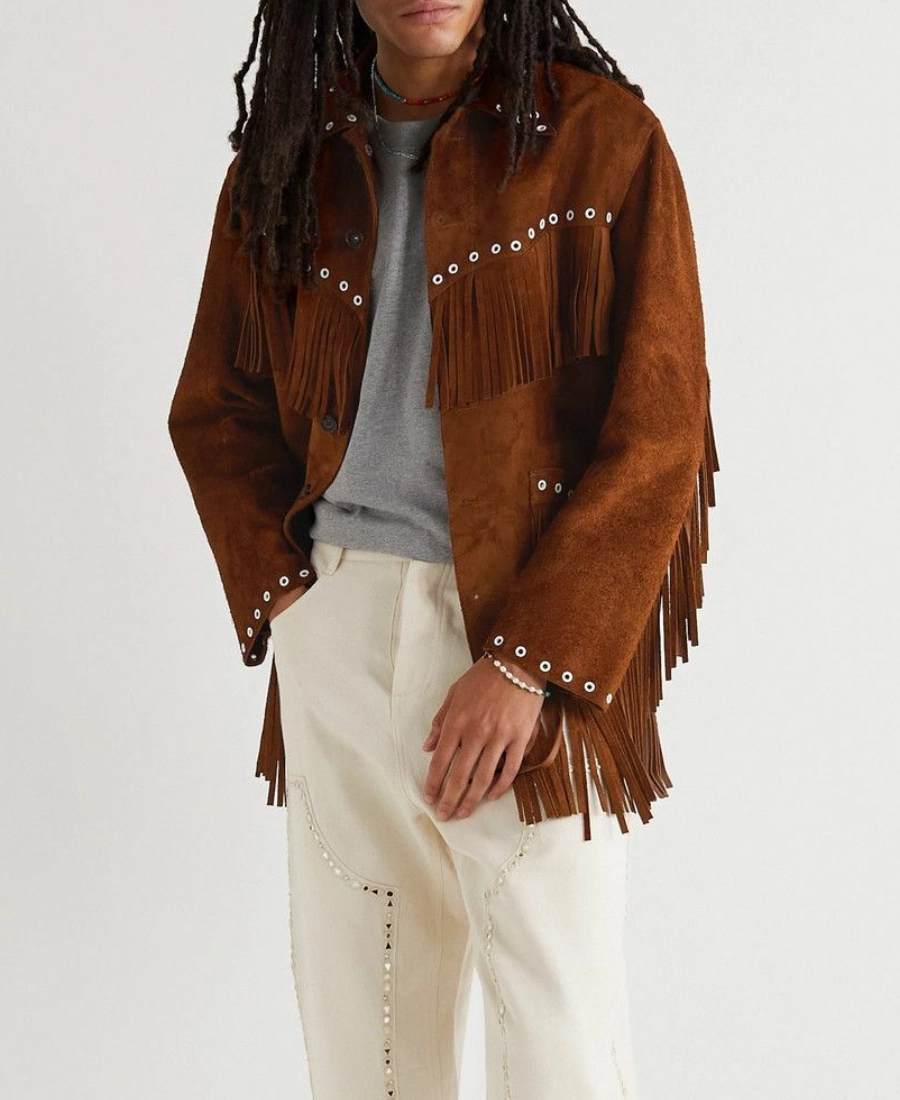 Cowboy Mens Suede Fringe Jacket with Silver Eyelet Accents