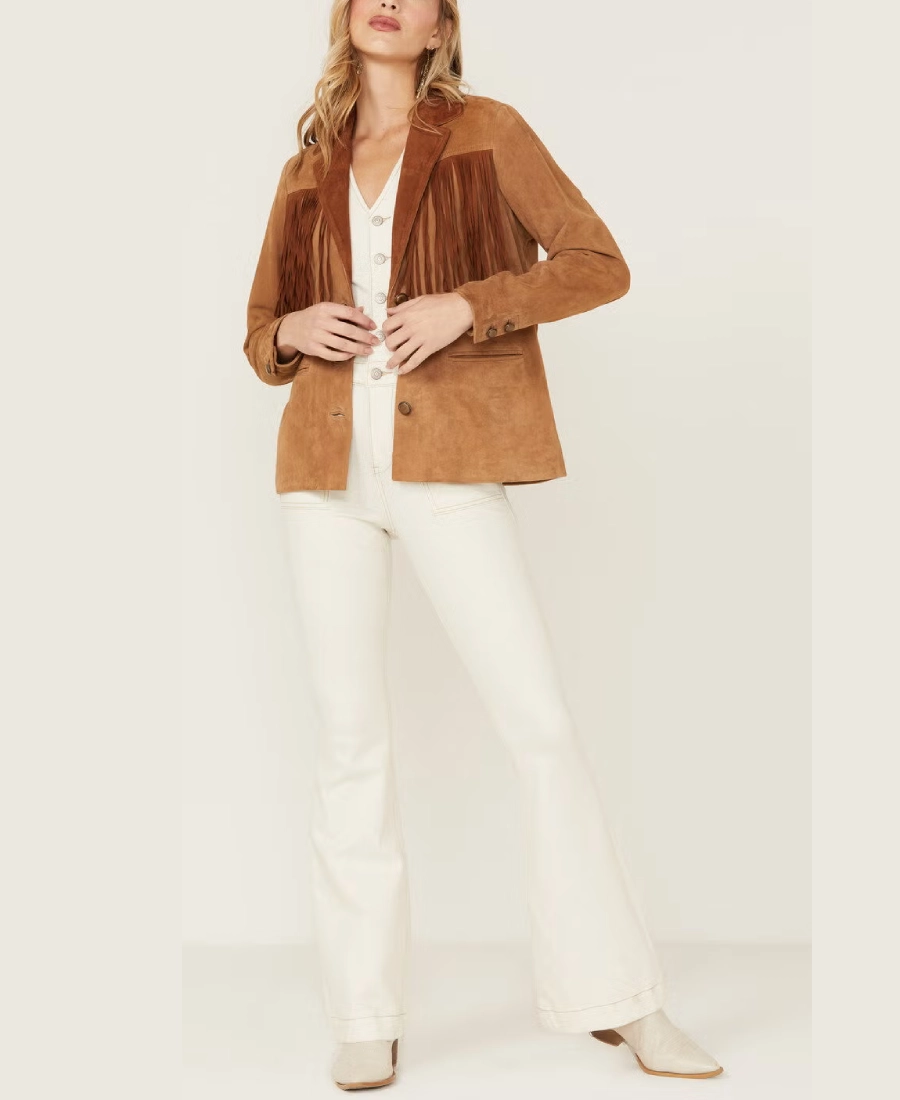 Lena Belle Women's Tan Suede Fringe Blazer - Image 4