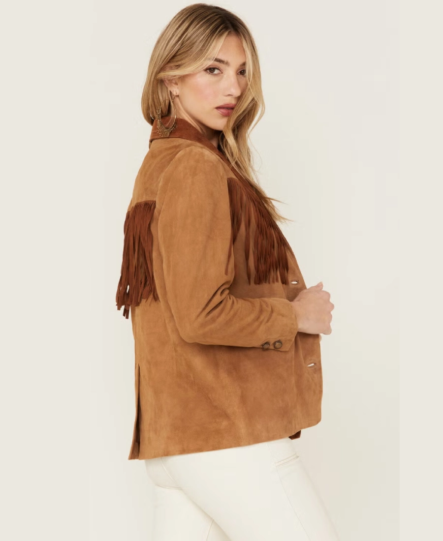 Lena Belle Women's Tan Suede Fringe Blazer - Image 2