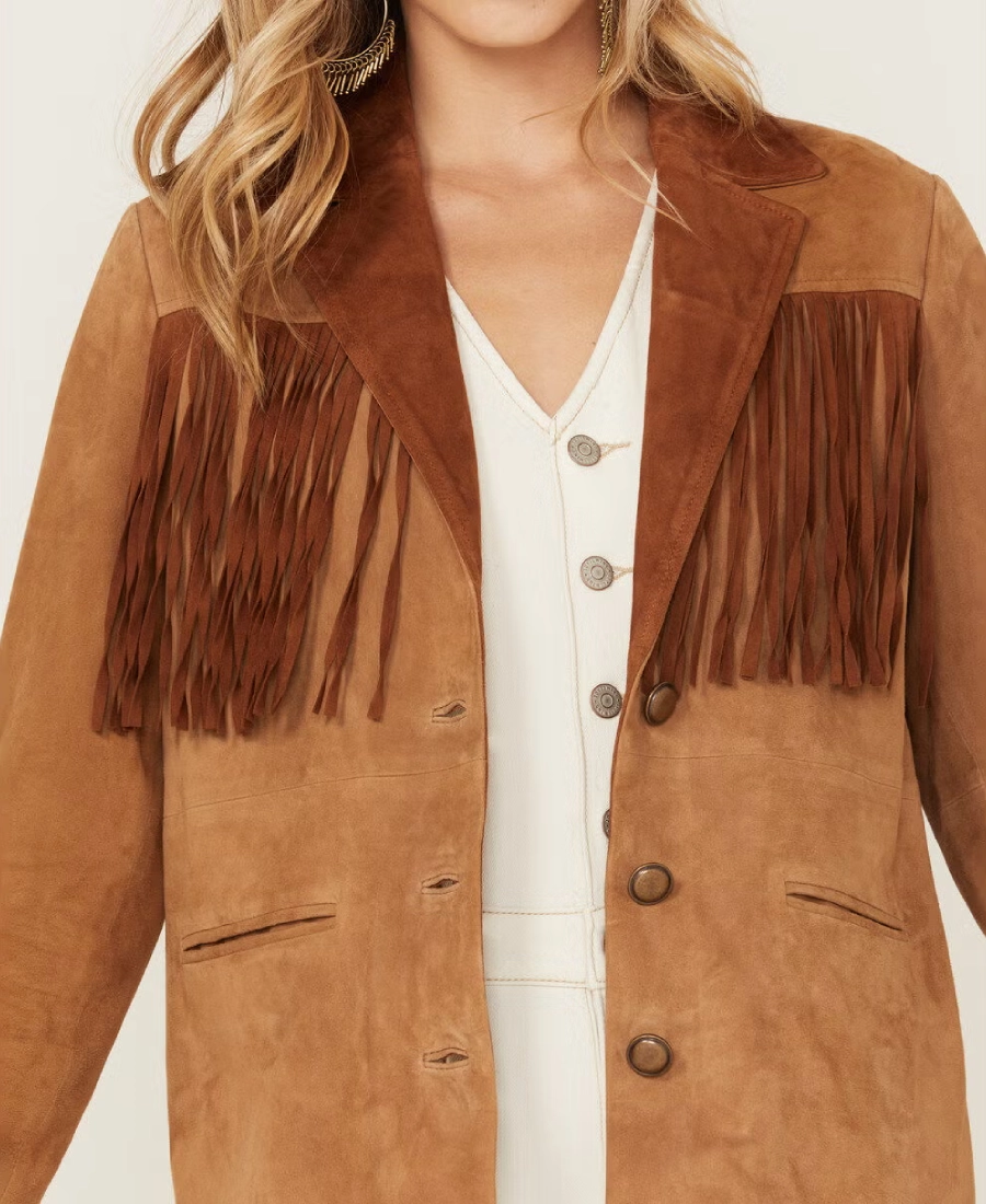 Lena Belle Women's Tan Suede Fringe Blazer - Image 3