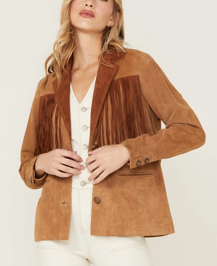 Lena Belle Women's Tan Suede Fringe Blazer