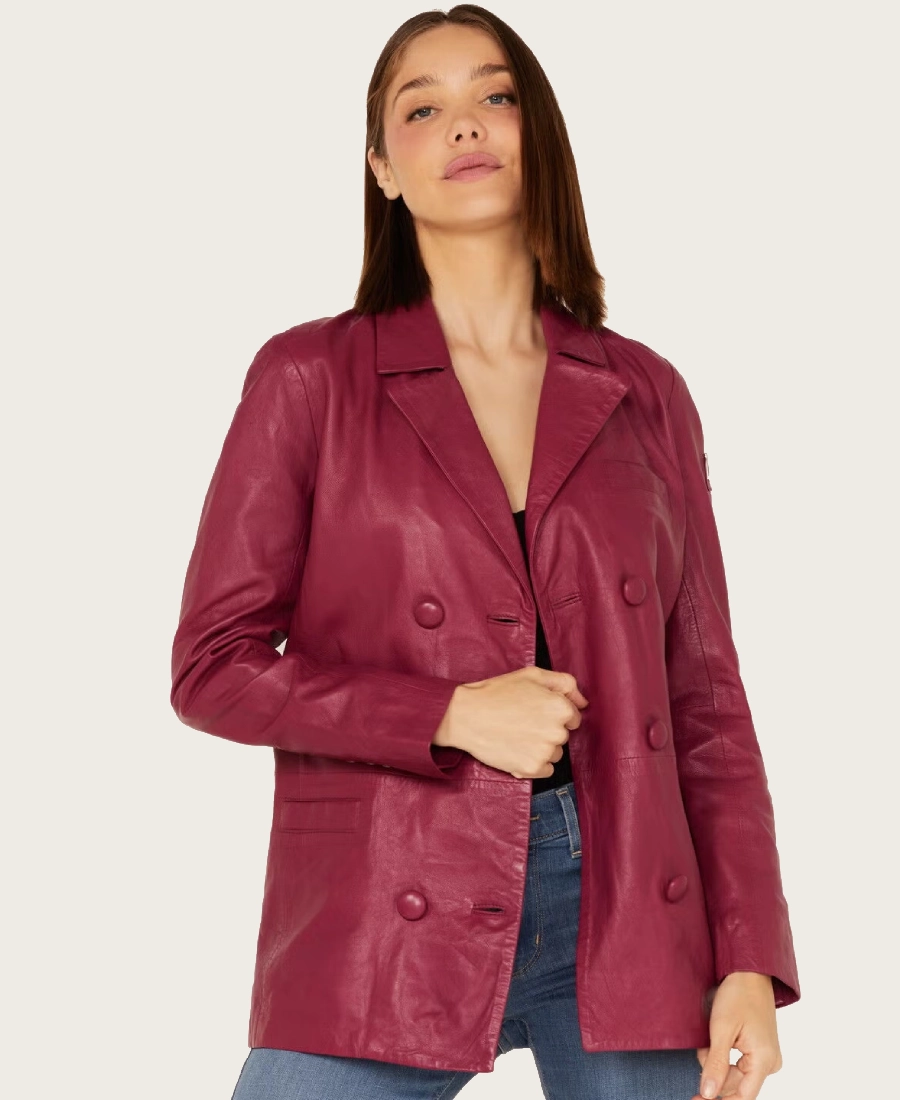 Mulberry Womens Double Breasted Burgundy Leather Blazer