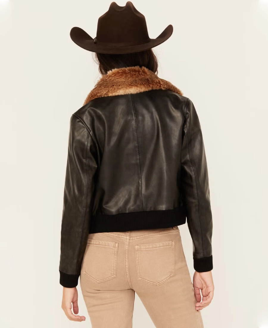 Noir Womens Black Bomber Jacket with Fur Collar