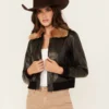 Noir Womens Black Leather Bomber Jacket with Fur Collar