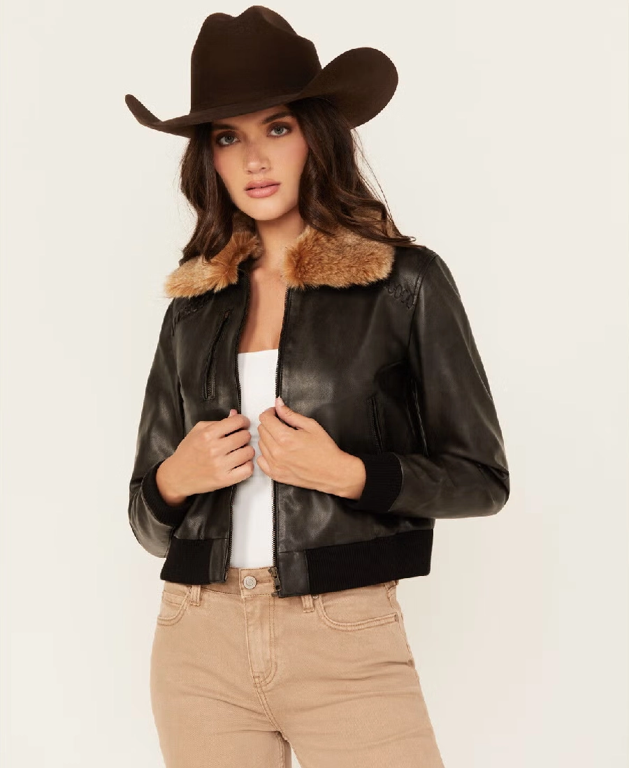 Noir Womens Black Leather Bomber Jacket with Fur Collar